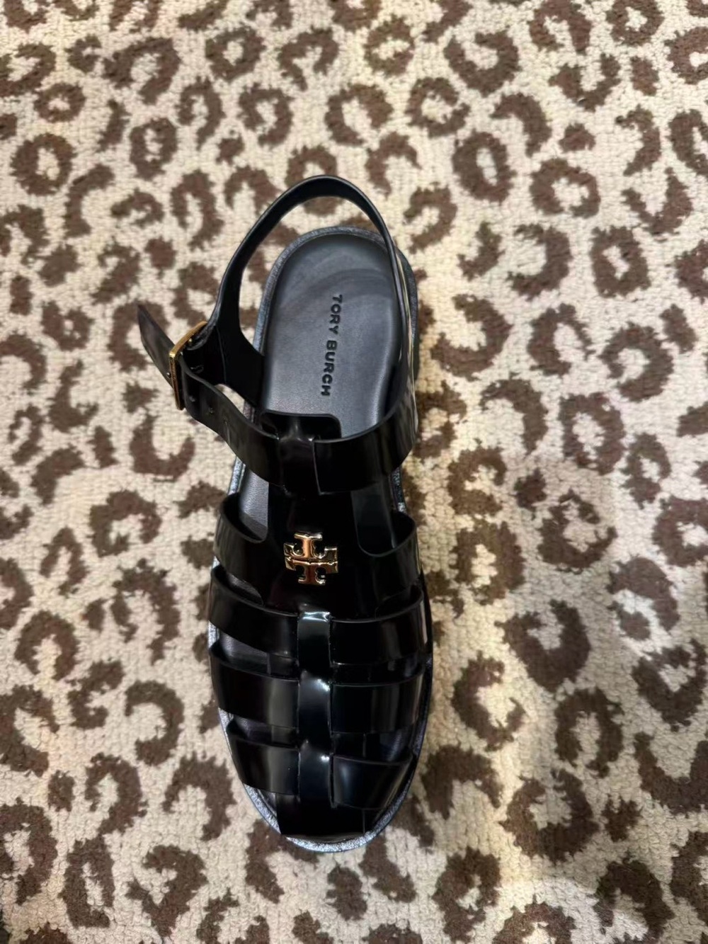 Tory Burch Black Gloss Jelly Fisherman Sandals with Gold Logo